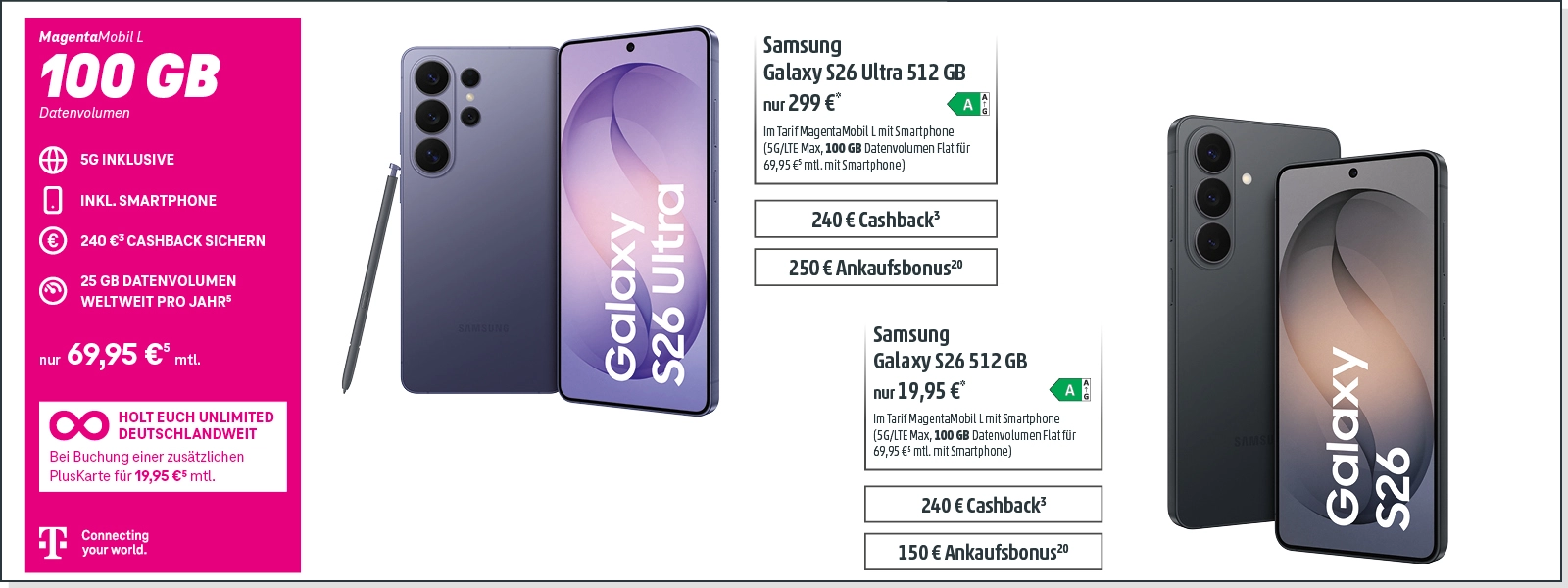 Telekom MagentaMobil L: Samsung Galaxy S26 Ultra und S26 mit 100 GB 5G